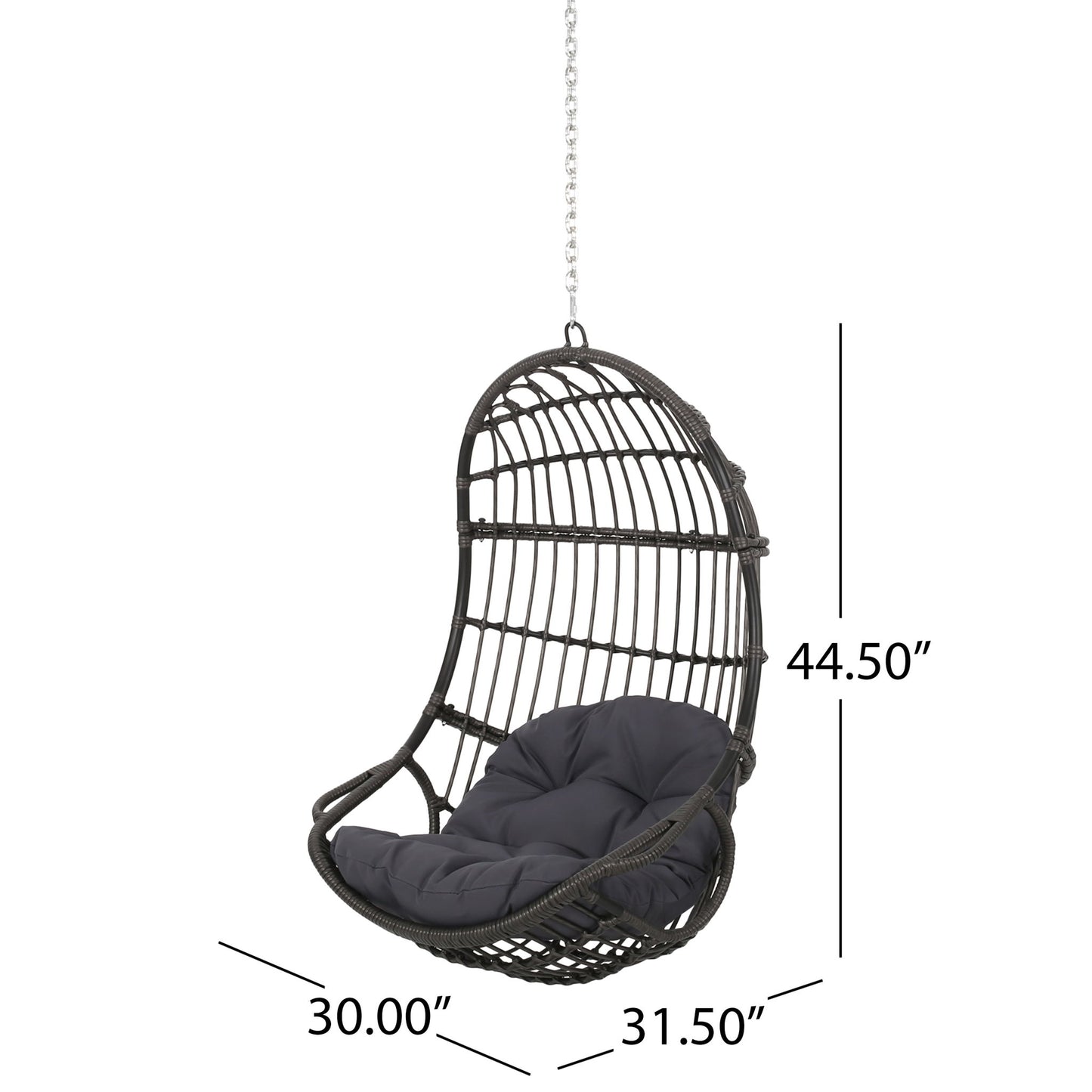 The Rustic Hanging Basket Chair With Cushion features a black metal frame, dark cushion, and measures 44.5" tall, 31.5" wide, and 30" deep. It hangs suspended by a chain from above for a cozy seat anywhere you need it.
