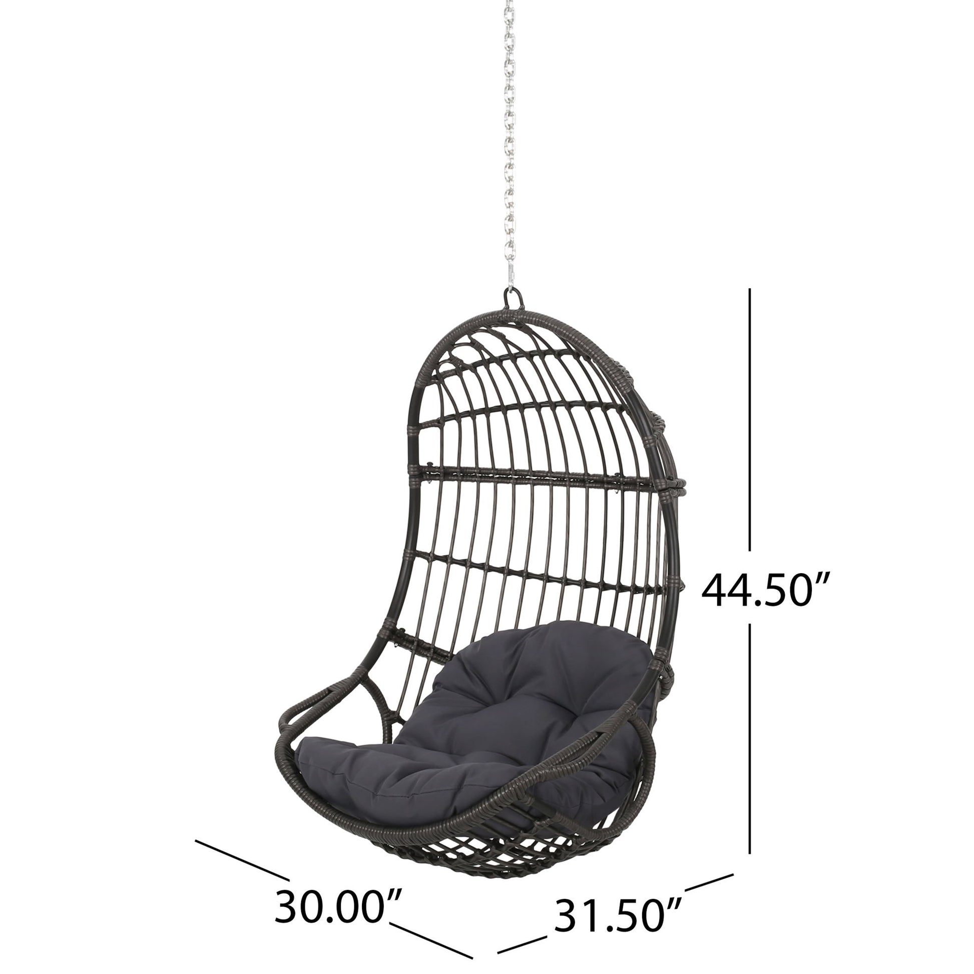 The Rustic Hanging Basket Chair With Cushion features a black metal frame, dark cushion, and measures 44.5" tall, 31.5" wide, and 30" deep. It hangs suspended by a chain from above for a cozy seat anywhere you need it.