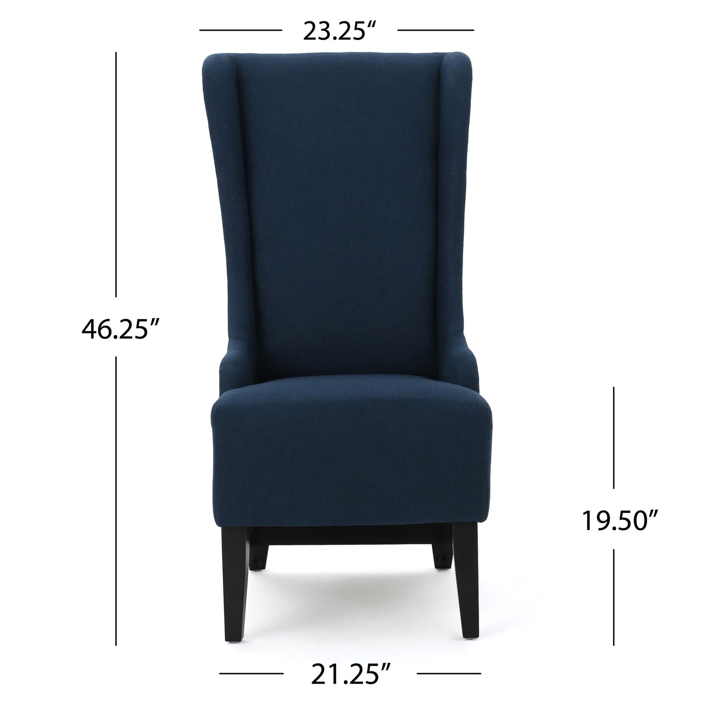 The Alight Upholstered Dining Chair (set of 2) features a dark blue high back, birch wood legs, and front-facing design, measuring 23.25" wide, 46.25" high, with a seat width of 21.25" and seat height of 19.5".