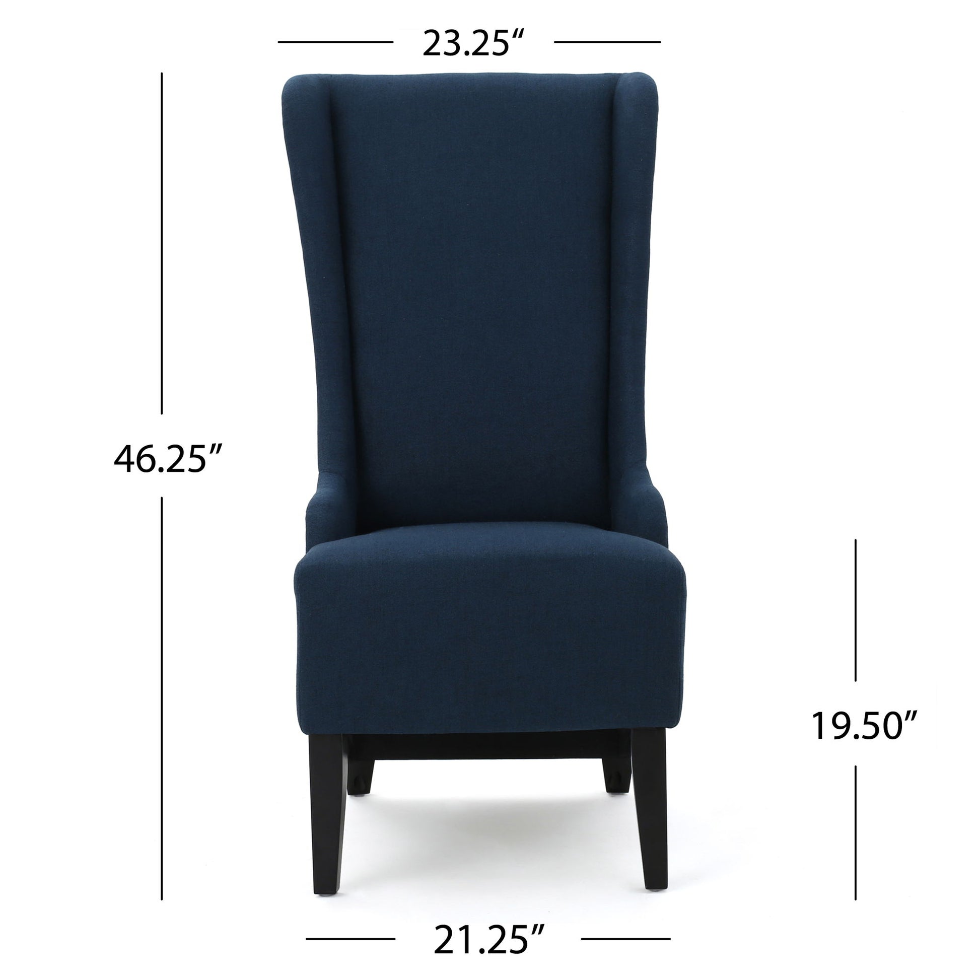 The Alight Upholstered Dining Chair (set of 2) features a dark blue high back, birch wood legs, and front-facing design, measuring 23.25" wide, 46.25" high, with a seat width of 21.25" and seat height of 19.5".