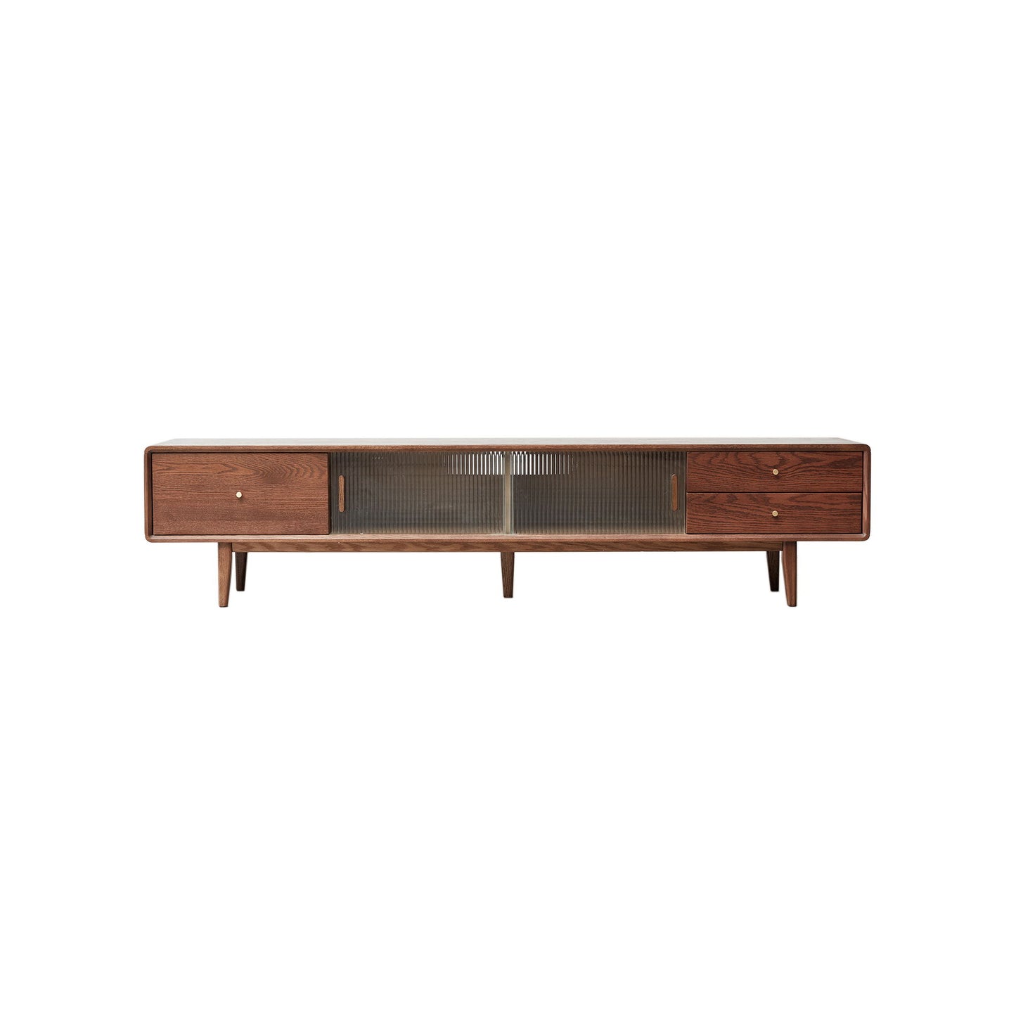 The TV Cabinet With Chinese Changhong Glass Doors features two drawers, sleek minimalist design, a rich brown finish, and central ribbed glass sliding doors for stylish storage.