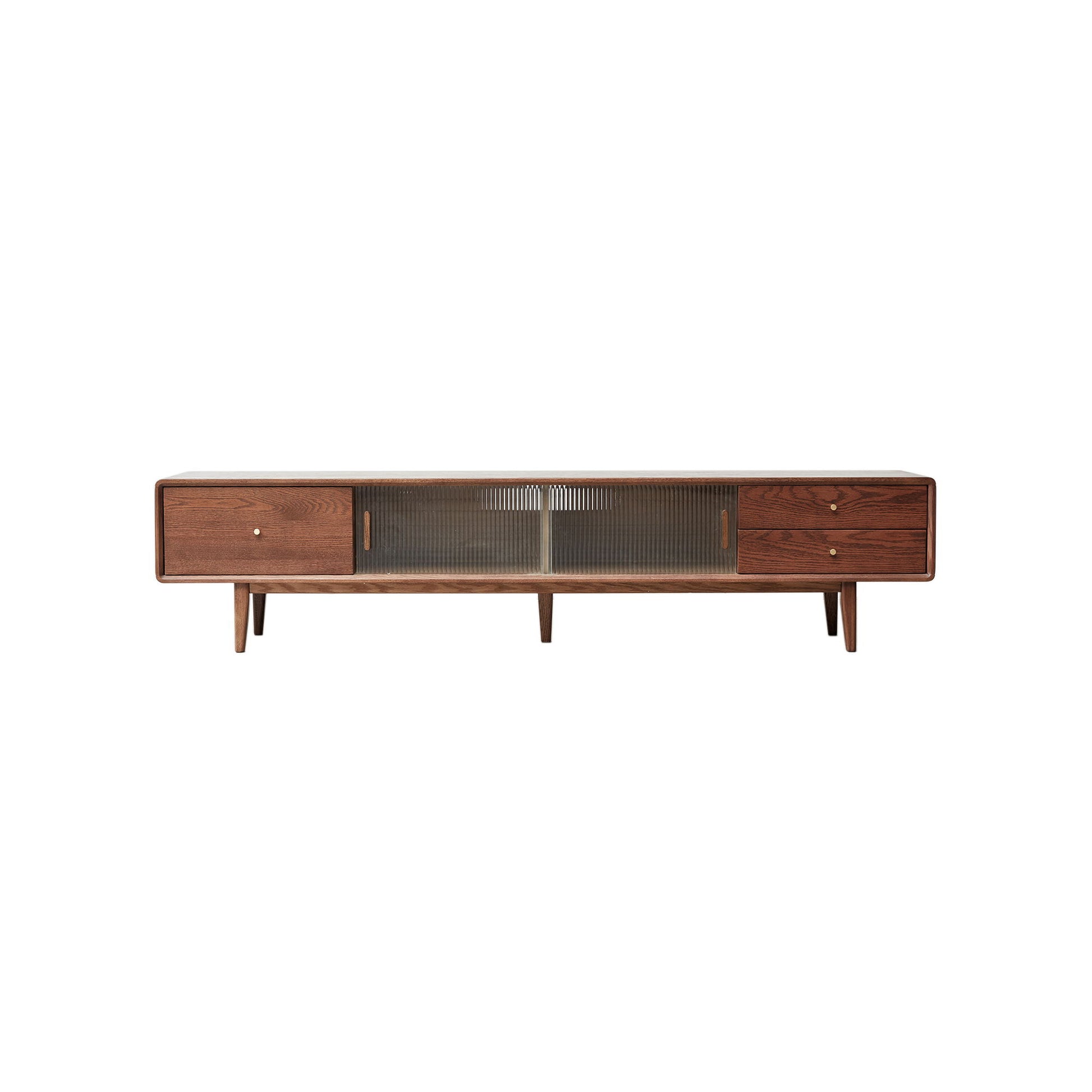 The TV Cabinet With Chinese Changhong Glass Doors features two drawers, sleek minimalist design, a rich brown finish, and central ribbed glass sliding doors for stylish storage.