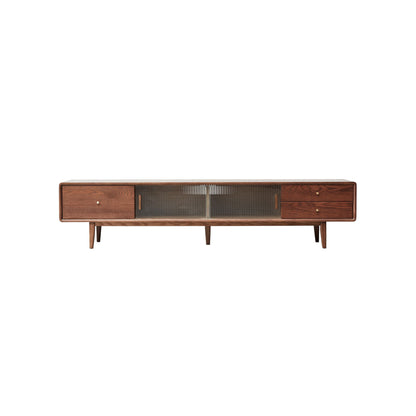 The TV Cabinet With Chinese Changhong Glass Doors features two drawers, sleek minimalist design, a rich brown finish, and central ribbed glass sliding doors for stylish storage.