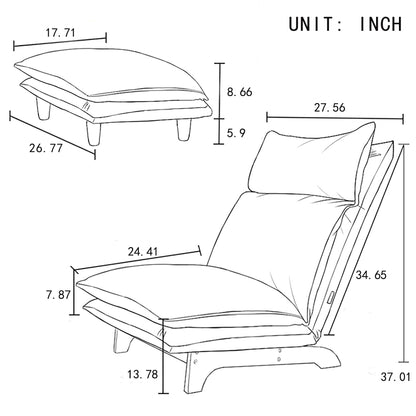 Line drawing of the Single Lazy Sofa Chair Leisure Foldable Reclining Chair and matching ottoman with labeled inch dimensions. Both feature simple wooden legs, thick cushions, and a reclining chair back.