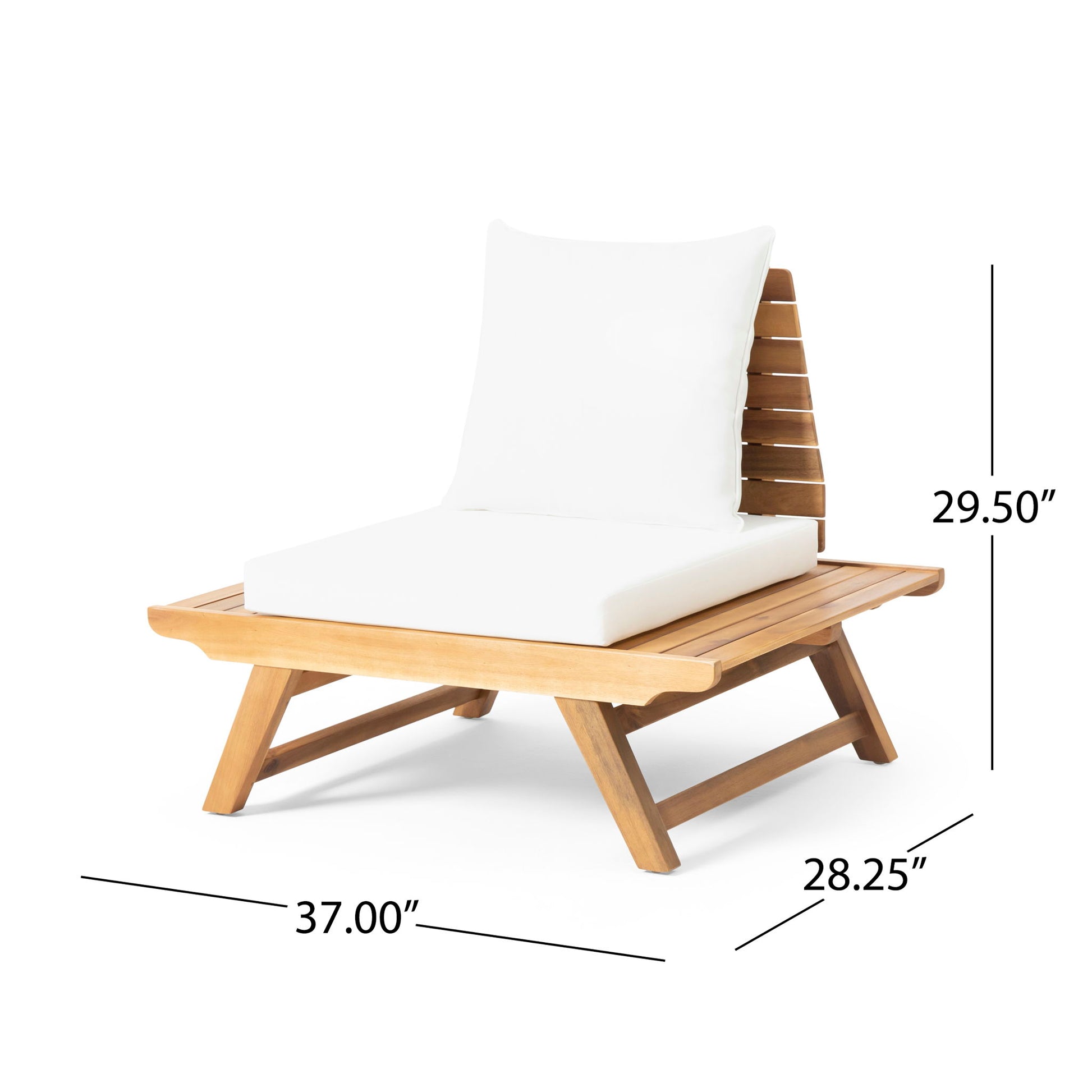 The Sedona Outdoor Club Chair features an angled slatted design with white seat and back cushions. Dimensions: 37"W x 28.25"D x 29.5"H.