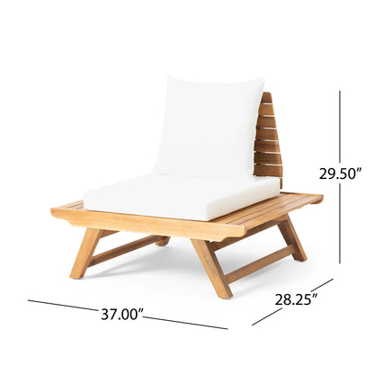 The Sedona Outdoor Club Chair features an angled slatted design with white seat and back cushions. Dimensions: 37"W x 28.25"D x 29.5"H.
