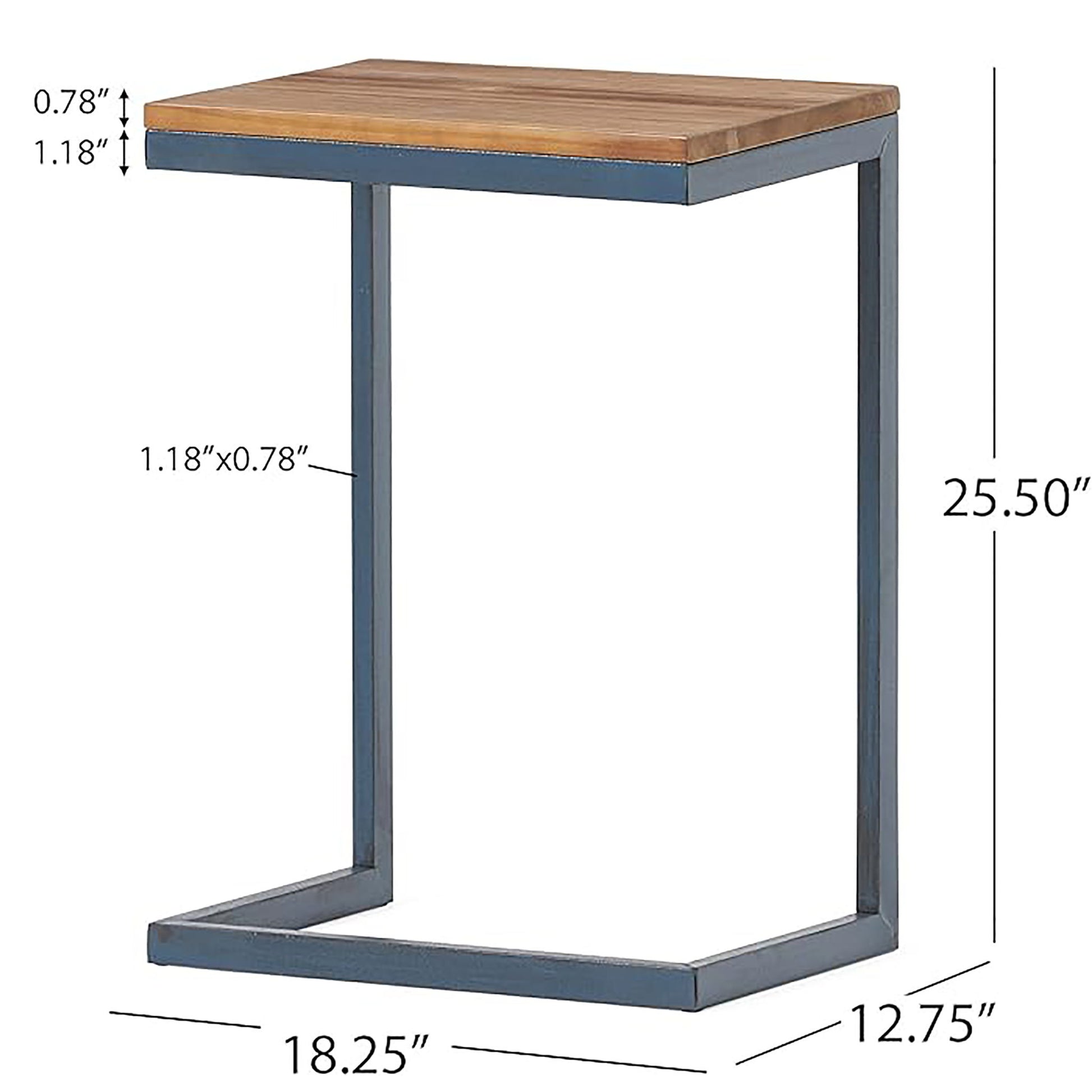 The C Shaped End Table features a sturdy iron base and fir wood top, measuring 25.5"H x 18.25"W x 12.75"D. The tabletop is 0.78" thick with a 1.18" border, and the metal base measures 1.18"x0.78".