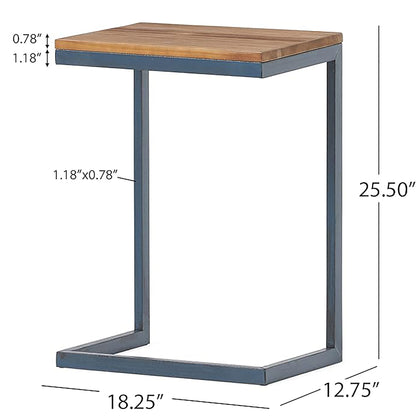 The C Shaped End Table features a sturdy iron base and fir wood top, measuring 25.5"H x 18.25"W x 12.75"D. The tabletop is 0.78" thick with a 1.18" border, and the metal base measures 1.18"x0.78".