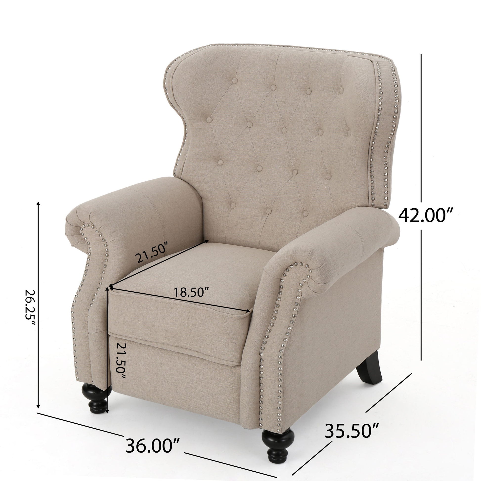 The Contemporary Style Push Back Recliner features beige upholstery, button tufted stitching, nailhead trim, wingback sides, and measures 42"H x 36"D x 35.5"W with a 26.25" arm height, 21.5" arm width, and an 18.5" seat depth.
