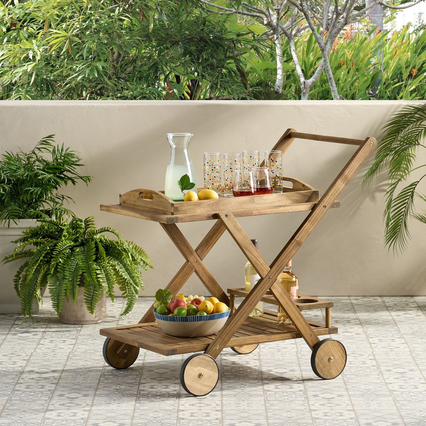 Riviera Bar Cart Stained Mobile With Wheels For Entertaining - Natural Stained