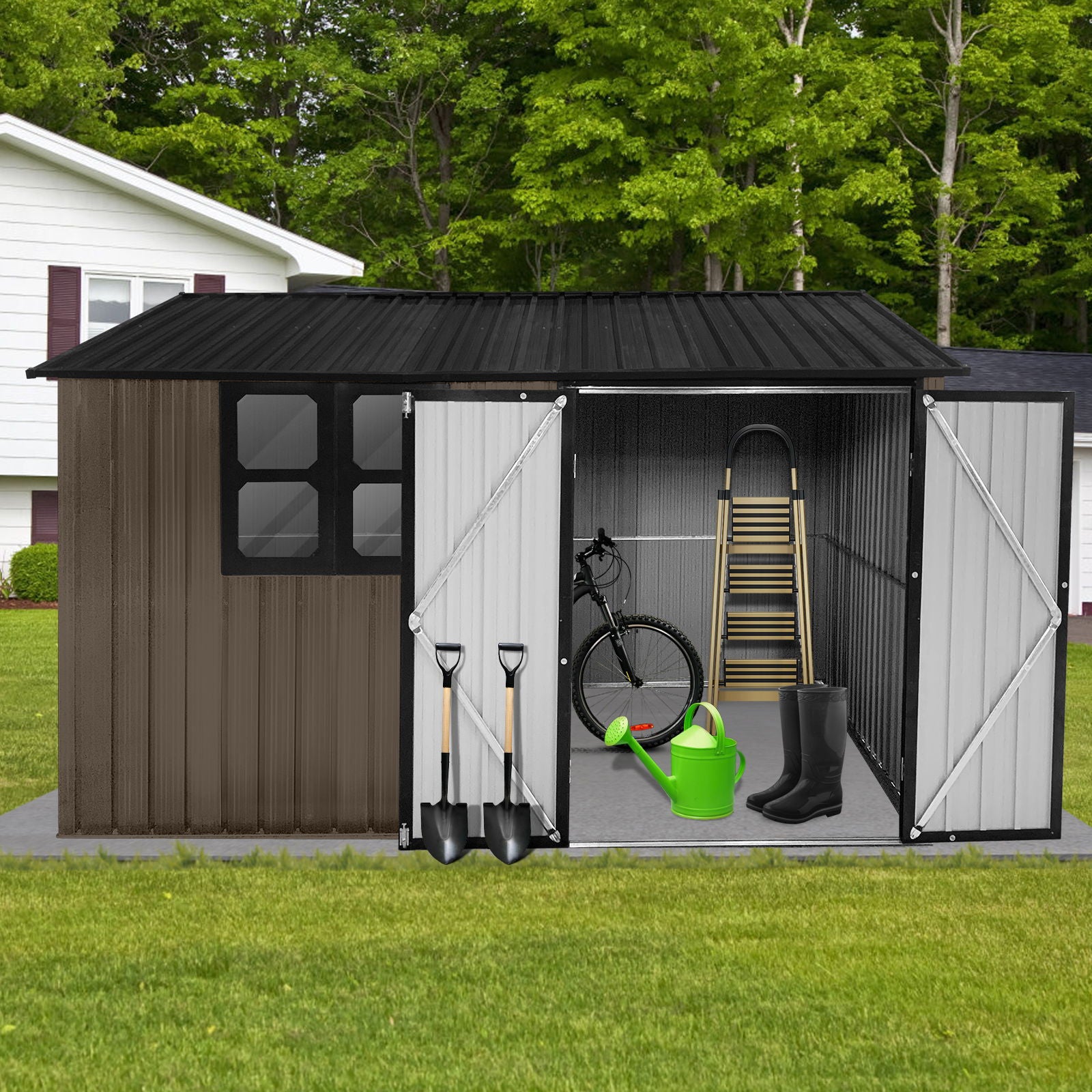 A 10’ x 8’ Garden Shed with window in brown and gray stands with open double doors, revealing a bicycle, ladder, green watering can, black boots, and two shovels inside. Trees and part of a house are visible in the background.