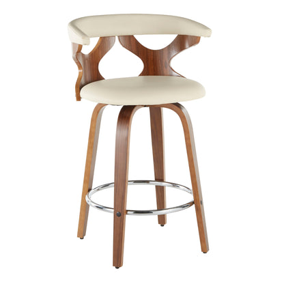 The Gardenia - Mid Century Modern Counter Stool (Set of 2) features a wooden frame, curved open-back design, beige cushioned seat and backrest, four angled legs, and a circular chrome footrest.