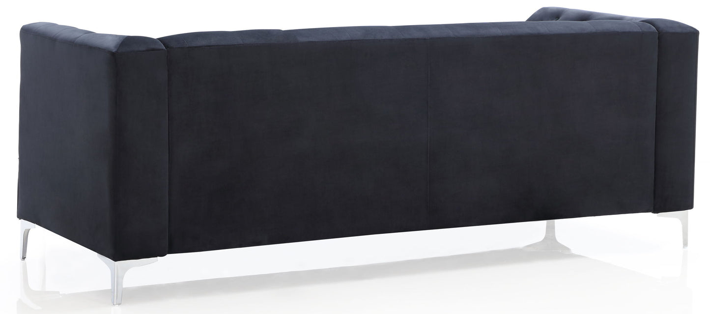 The Elegant Contemporary Sofa features a high back and metal legs, showcased from behind in a modern dark color against a white background.