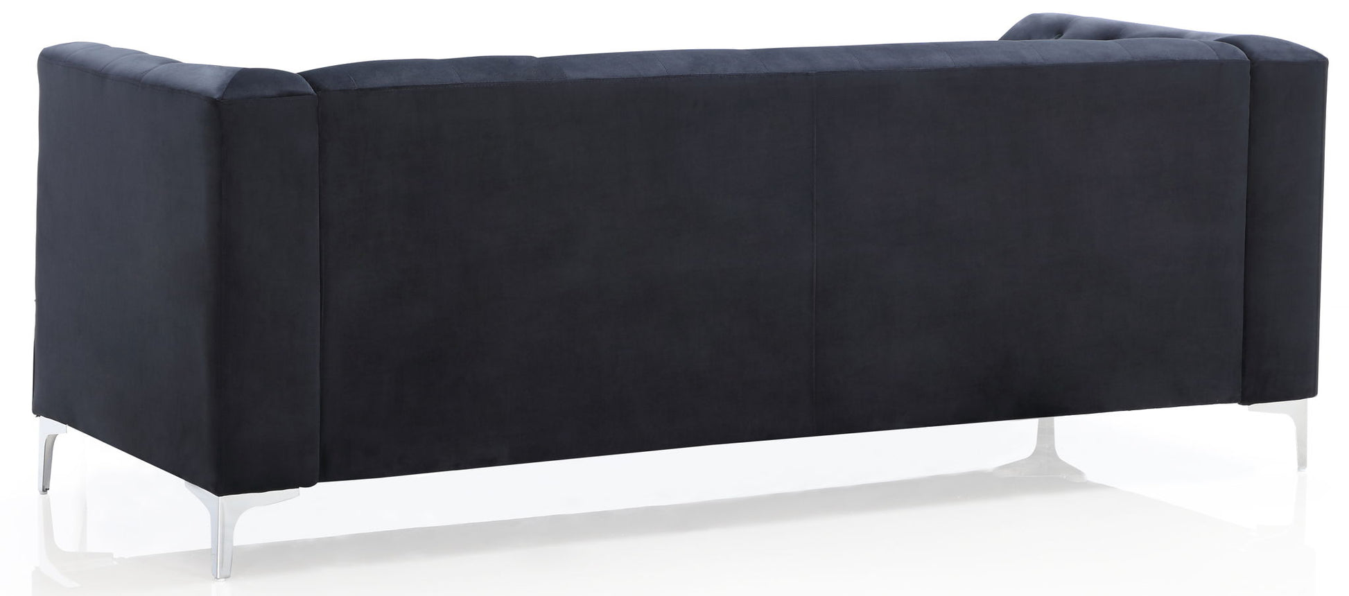 The Elegant Contemporary Sofa features a high back and metal legs, showcased from behind in a modern dark color against a white background.