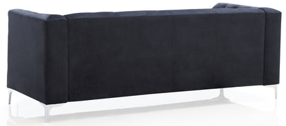 The Elegant Contemporary Sofa features a high back and metal legs, showcased from behind in a modern dark color against a white background.