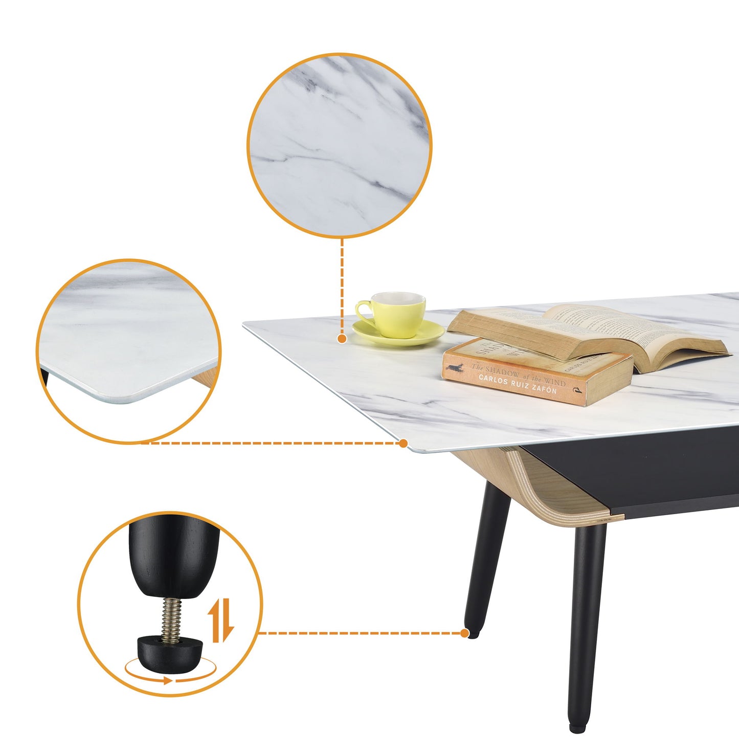 The Landon Coffee Table features a glass marble-textured top, bent wood design, and adjustable legs. Pictured with a yellow cup and saucer plus an open book on its surface, there's also a close-up showing the tabletop detail.