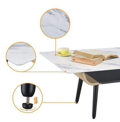The Landon Coffee Table features a glass marble-textured top, bent wood design, and adjustable legs. Pictured with a yellow cup and saucer plus an open book on its surface, there's also a close-up showing the tabletop detail.
