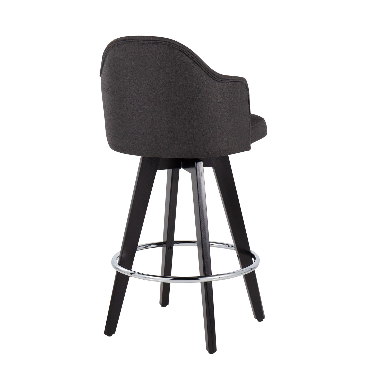 The Ahoy set of 2 counter stools features dark gray upholstery with curved backrests, black wooden legs, and circular chrome footrests against a white background.
