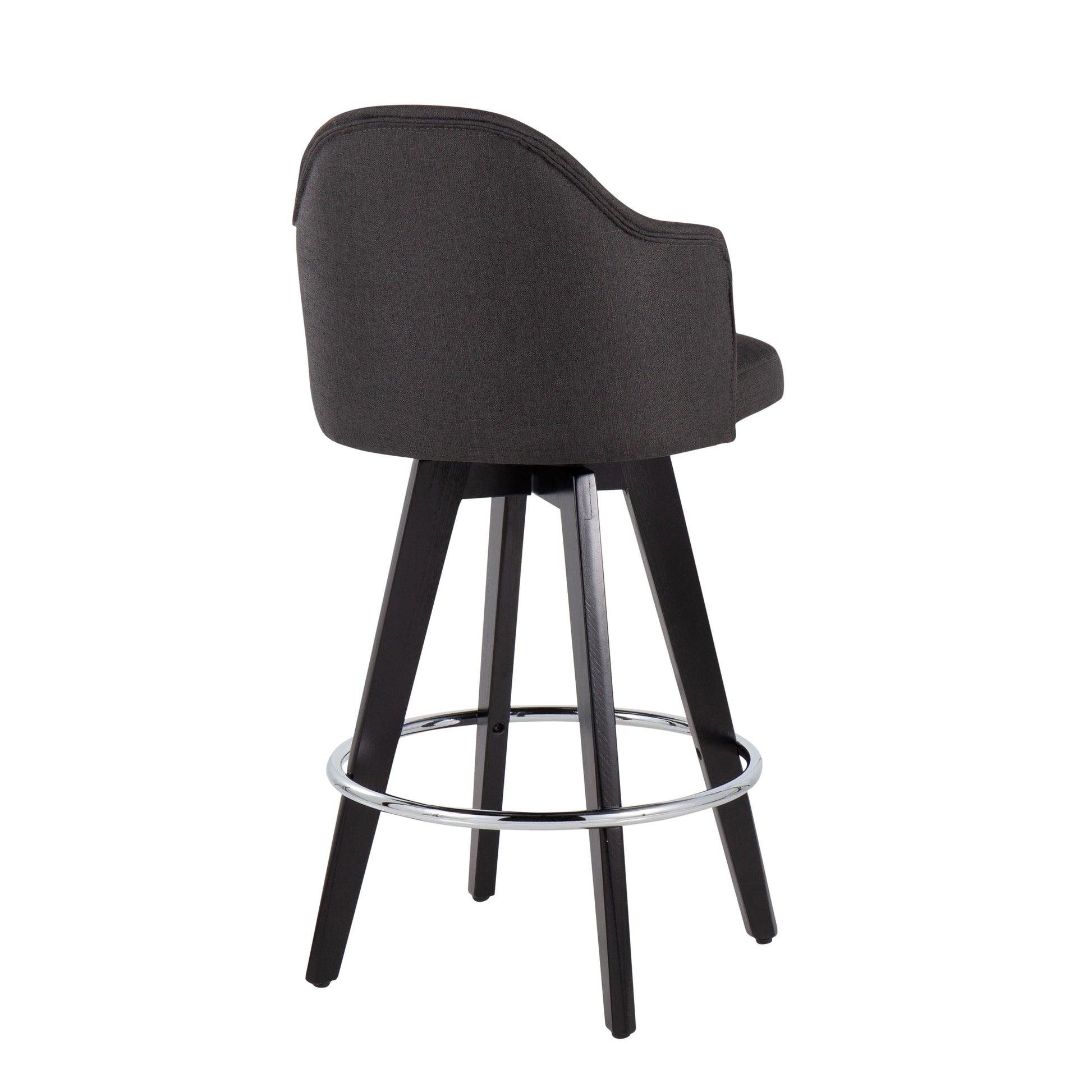The Ahoy set of 2 counter stools features dark gray upholstery with curved backrests, black wooden legs, and circular chrome footrests against a white background.