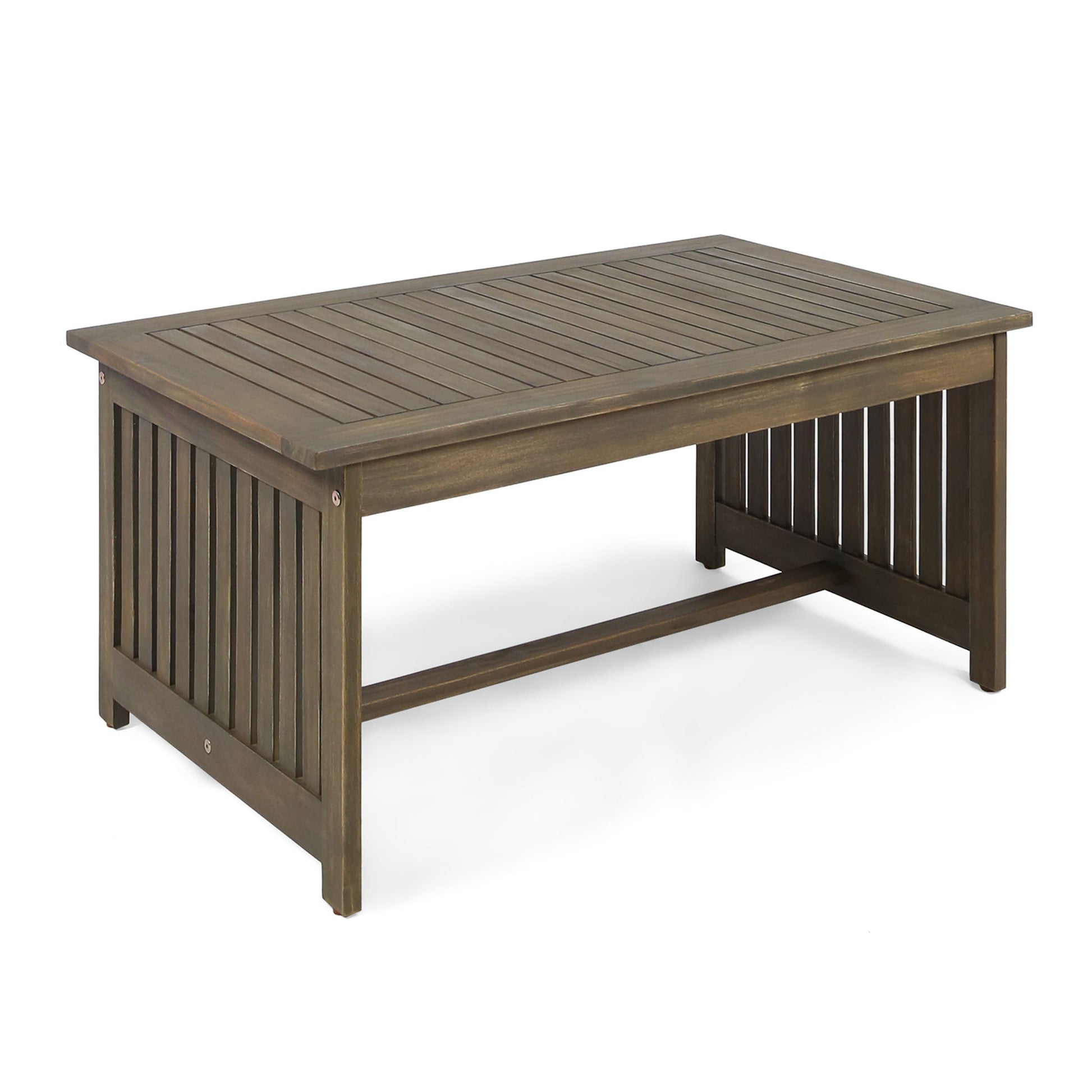 The Acacia Wood Rectangular Patio Coffee Table for Outside features a sturdy slatted top and sides with a crossbar for stability and a dark brown finish, perfect for your outdoor space.