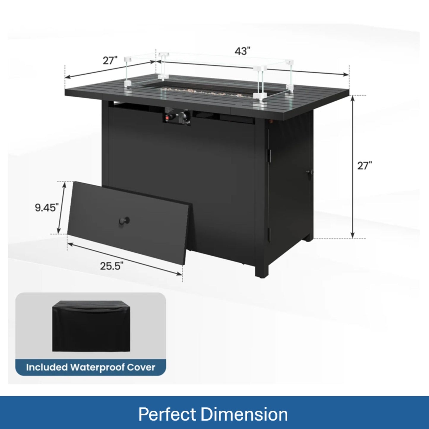 Outdoor 2 In 1 Gas Fire Pit Table With Lid & Glass Shield, Stainless Burner, Lava Rock, Rectangular Design - Black