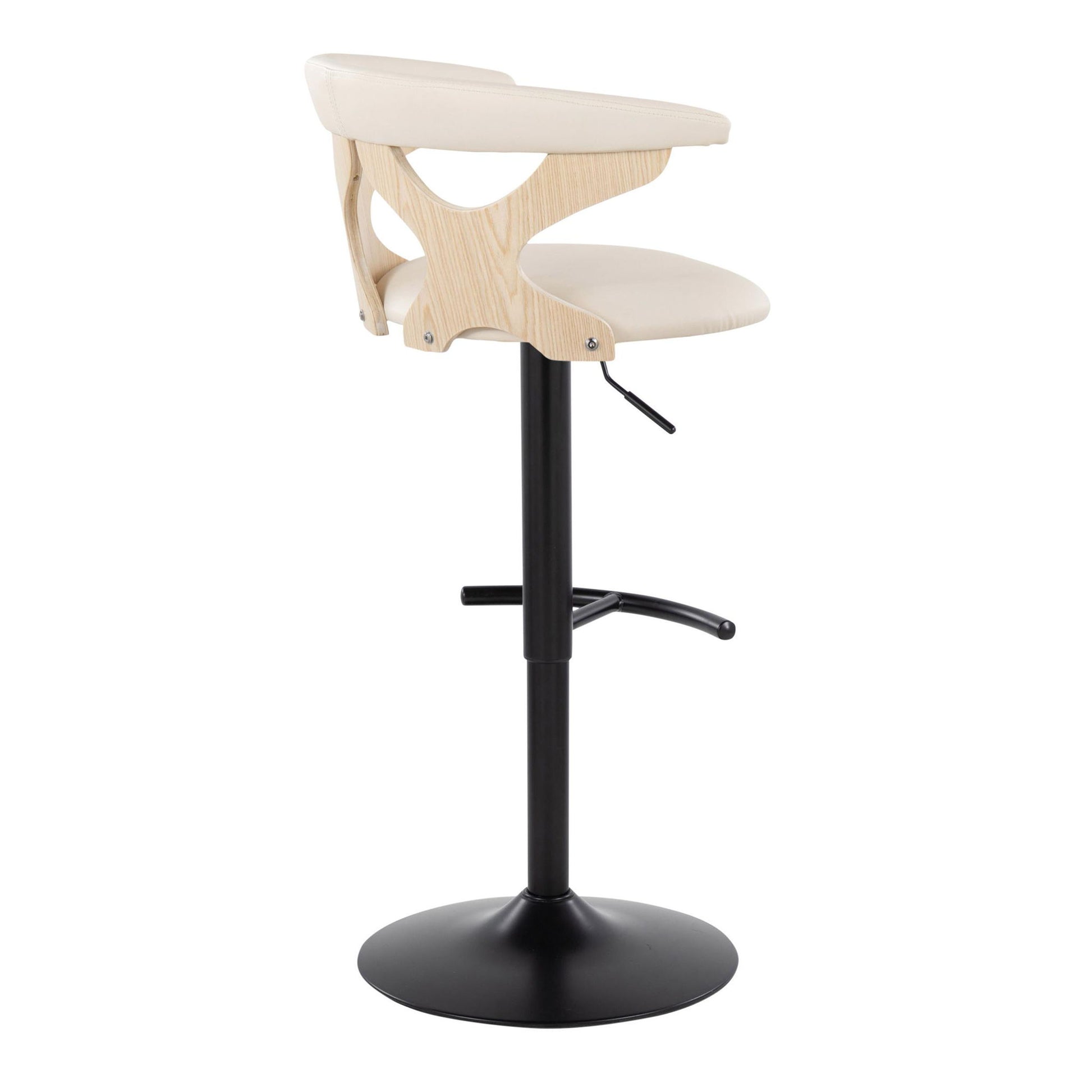 The Gardenia Contemporary Adjustable Barstool (Set of 2) features a light wood backrest, cream cushioned seat and back, black metal swivel base, and a rounded T footrest, shown in side view.