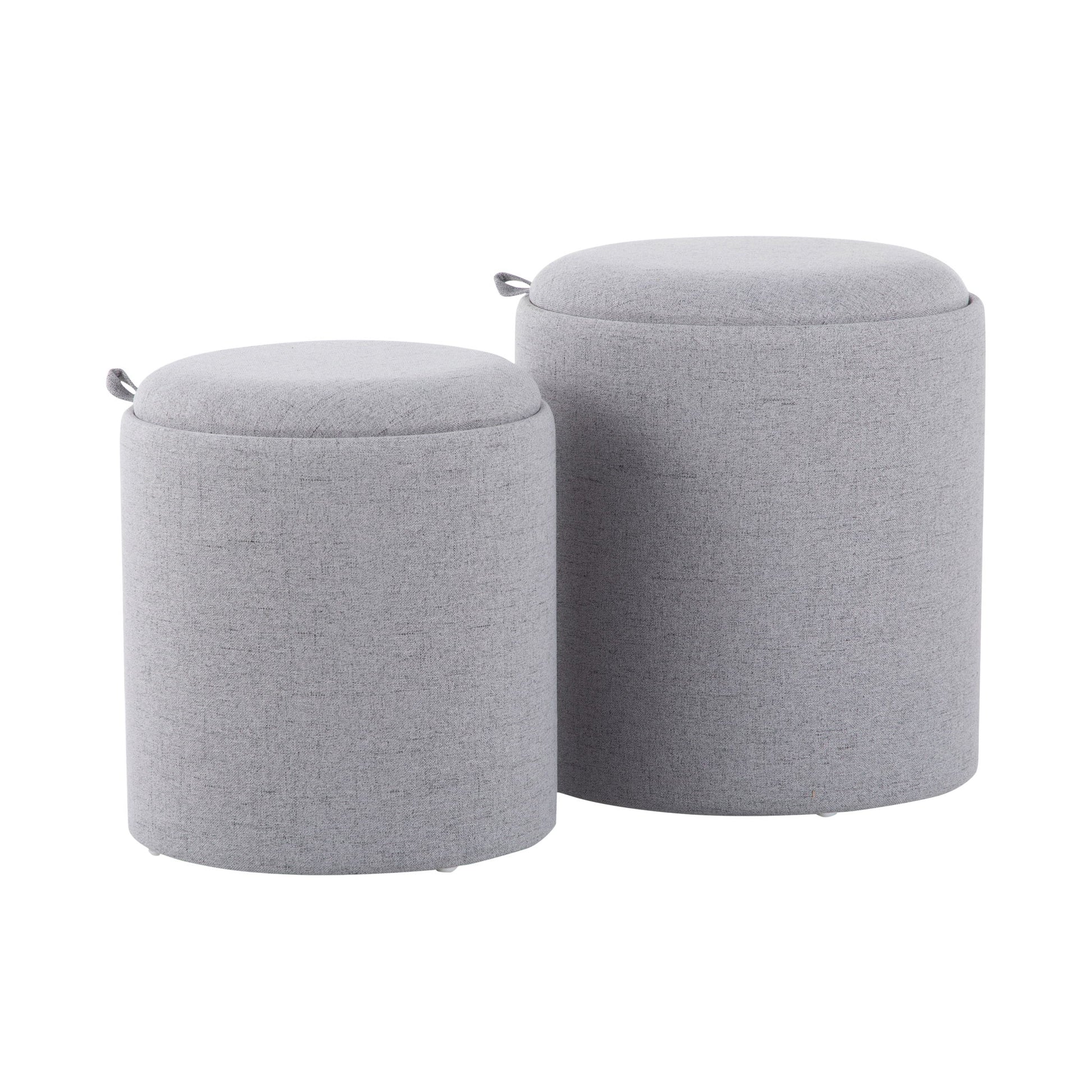 The Tray - Contemporary Nesting Ottoman Set features two round, light gray ottomans of different sizes, each with a fabric pull handle near the top, shown side by side on a white background.