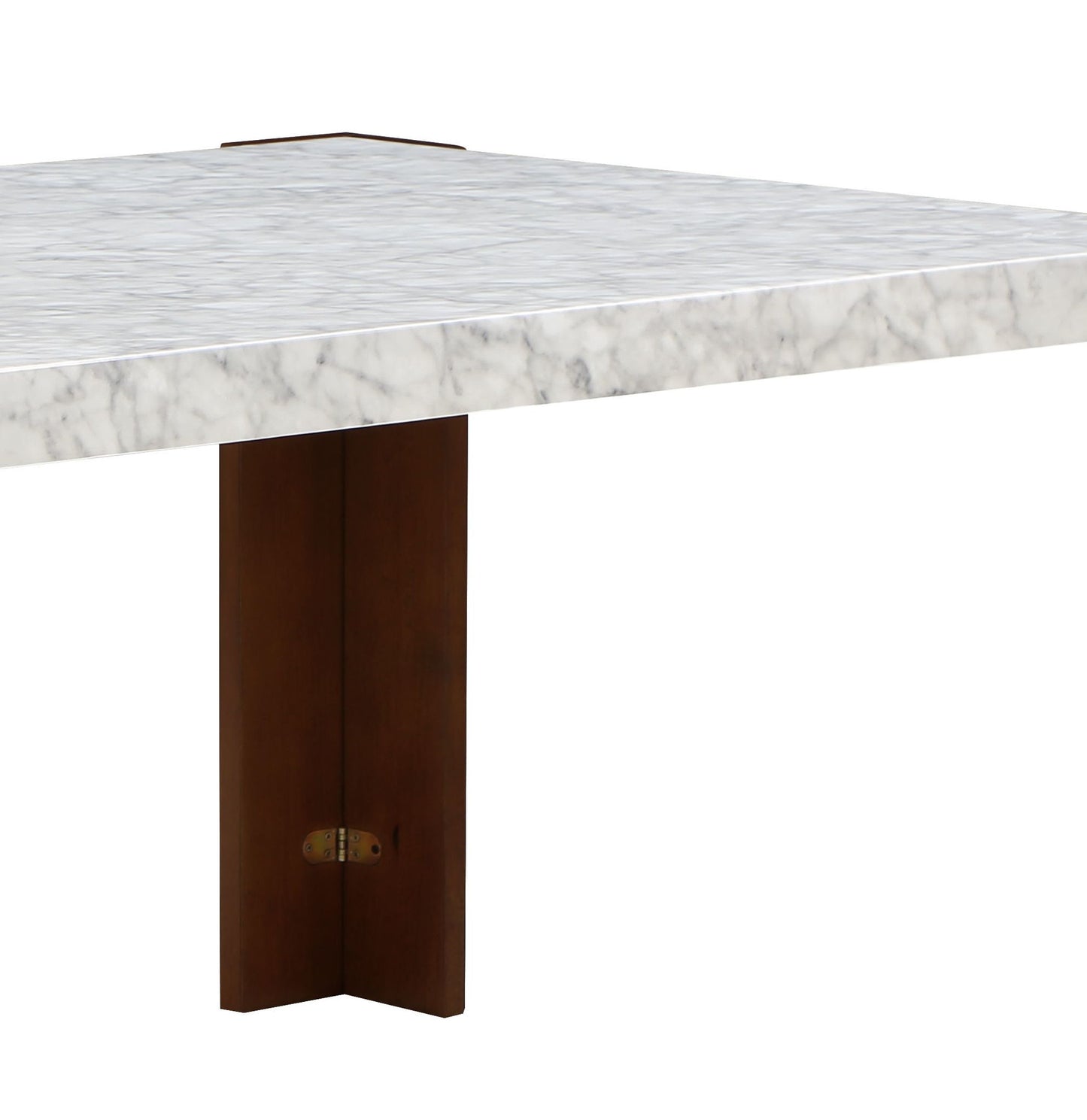 A close-up shows the corner and edge of the Hettie Dining Table with a thick, white engineered stone top and sturdy brown wooden base, featuring a visible brass fitting.
