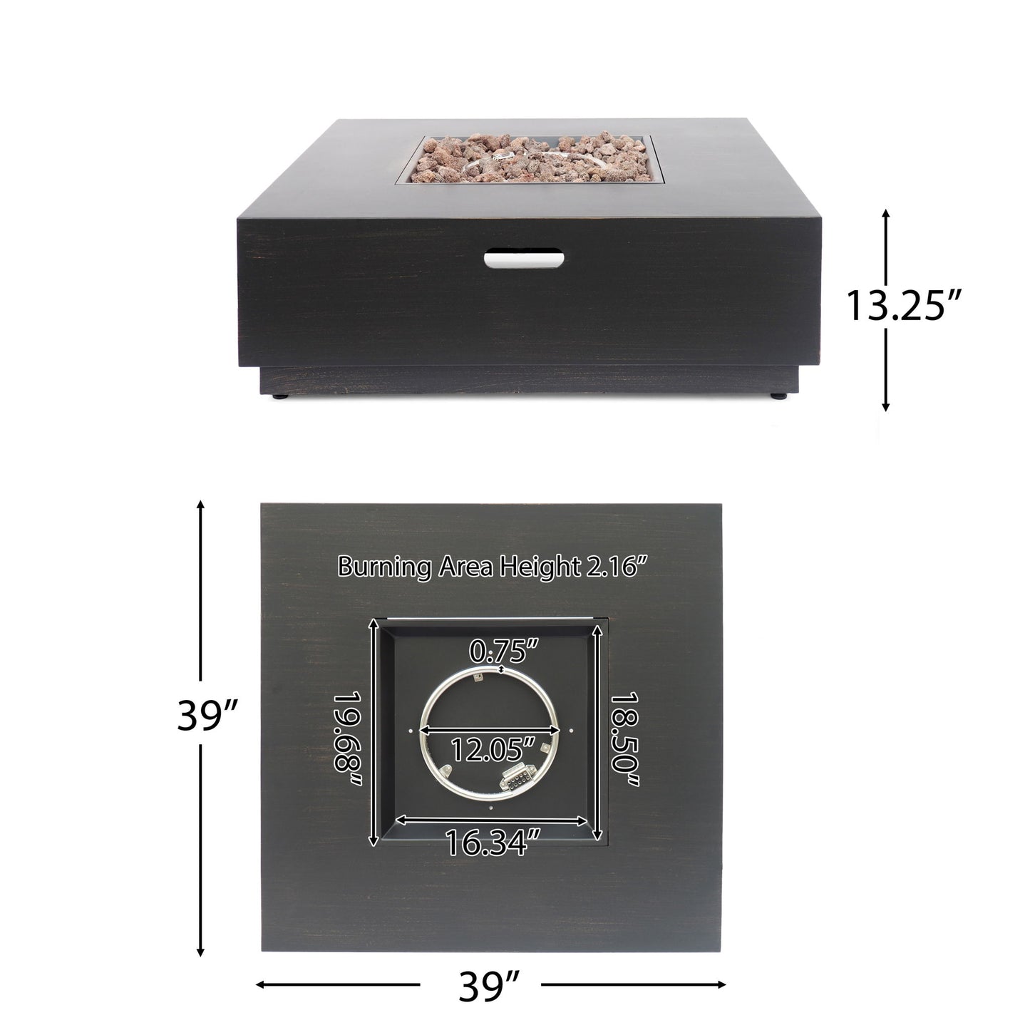 The Modern Square Fire Pit With 50,000 Btu is black, features lava rocks, and measures 39" W x 39" D x 13.25" H. The burning area is 18.5" x 19.68" x 2.16", with a 12.05" inner ring diameter.