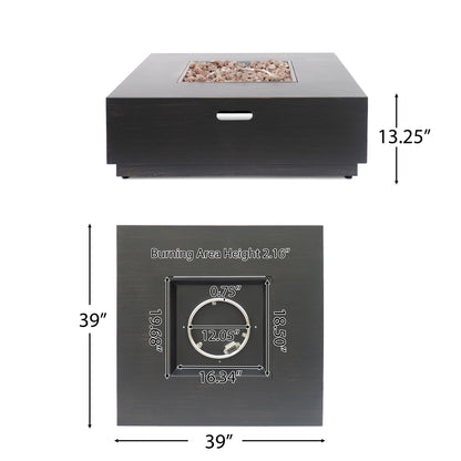 The Modern Square Fire Pit With 50,000 Btu is black, features lava rocks, and measures 39" W x 39" D x 13.25" H. The burning area is 18.5" x 19.68" x 2.16", with a 12.05" inner ring diameter.