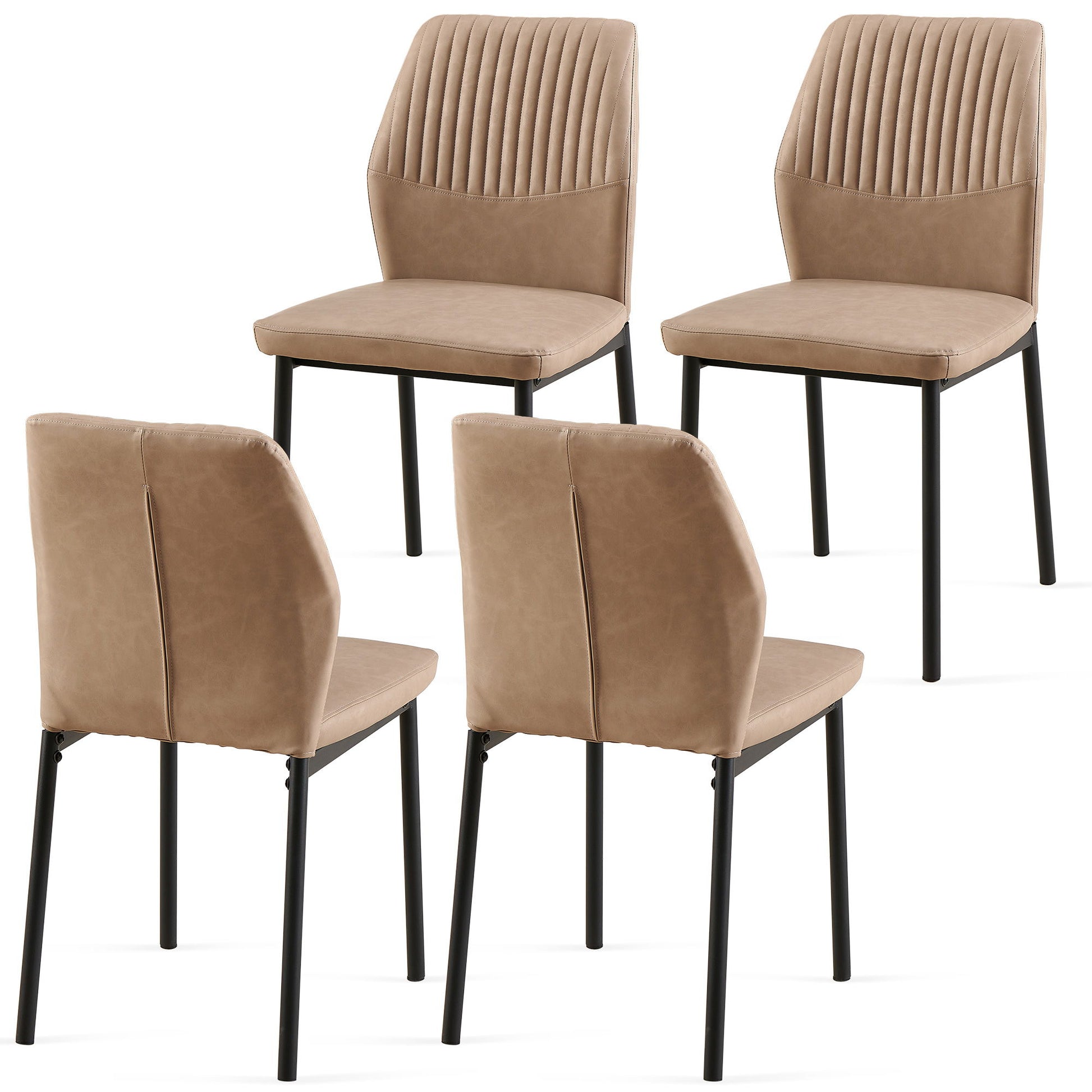 Set of four Dining Chairs Living Room Chair Modern Kitchen Armless Side Chair With Metal Legs, featuring tan upholstered seats and backs with vertical stitching and black metal legs, arranged against a white background.