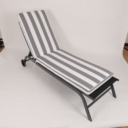 A black metal outdoor lounge chair with the Outdoor Lounge Chair Cushion Replacement, featuring gray and white vertical stripes, set against a plain white background.