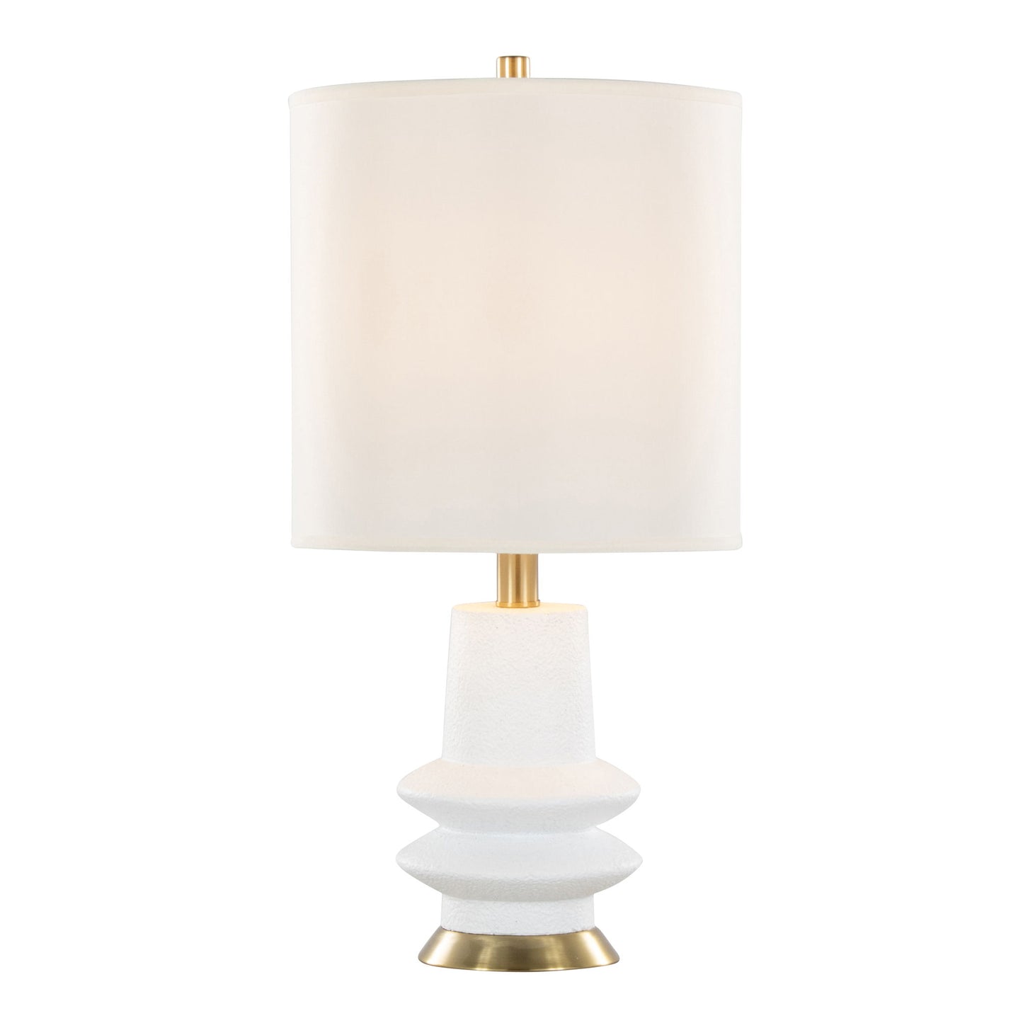 The Lloyd - Contemporary Table Lamp (Set of 2) features a white, geometric textured base with gold accents and a cylindrical white lampshade for a modern touch.