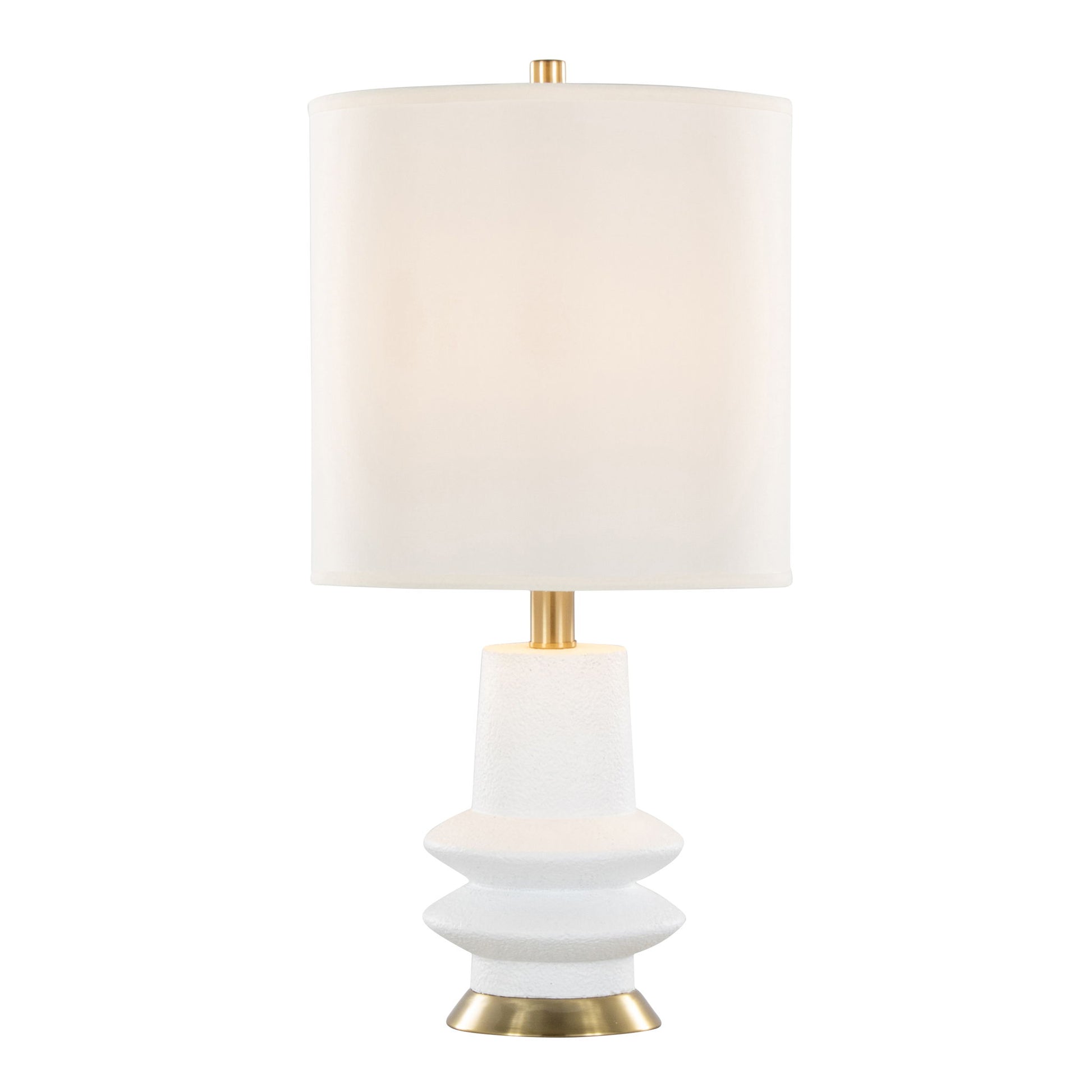 The Lloyd - Contemporary Table Lamp (Set of 2) features a white, geometric textured base with gold accents and a cylindrical white lampshade for a modern touch.