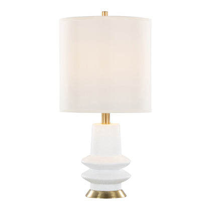 The Lloyd - Contemporary Table Lamp (Set of 2) features a white, geometric textured base with gold accents and a cylindrical white lampshade for a modern touch.