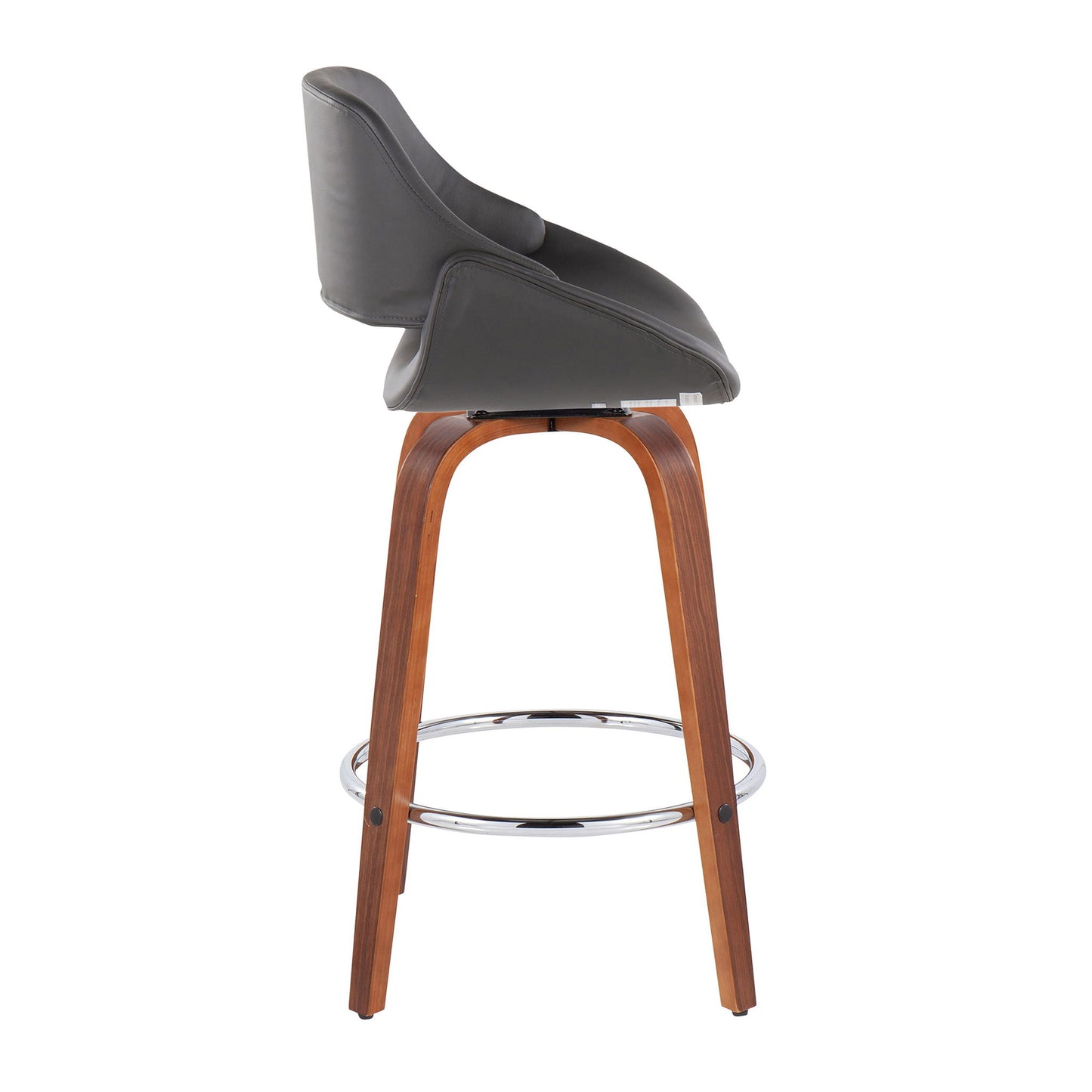 The Fabrico – Mid Century Modern Fixed Height Counter Stool (Set of 2) features a curved black seat, wooden legs, and a round chrome footrest, shown in profile against a white background.