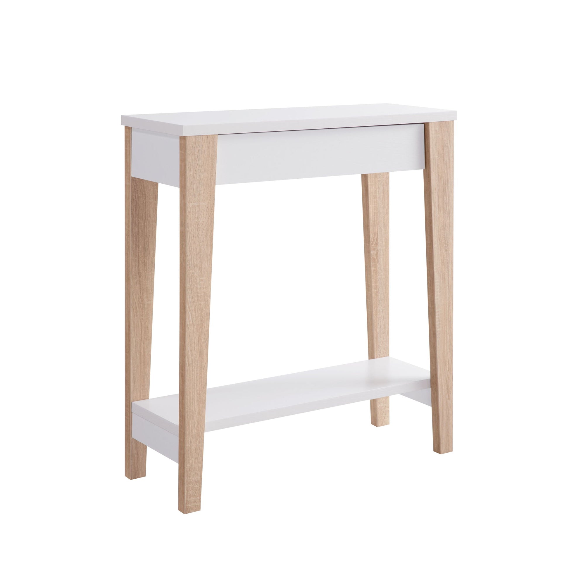 The Modern Two Toned Console With Two Shelves features a white top, a white lower shelf, and light wood legs, displayed against a plain white background.