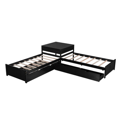 L Shaped Platform Bed With Trundle And Drawers Linked With Built In Desk