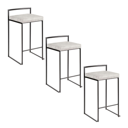 Three Fuji Contemporary Style Stackable Counter Stools with light gray cushioned seats and black metal frames, arranged in a staggered formation against a white background.