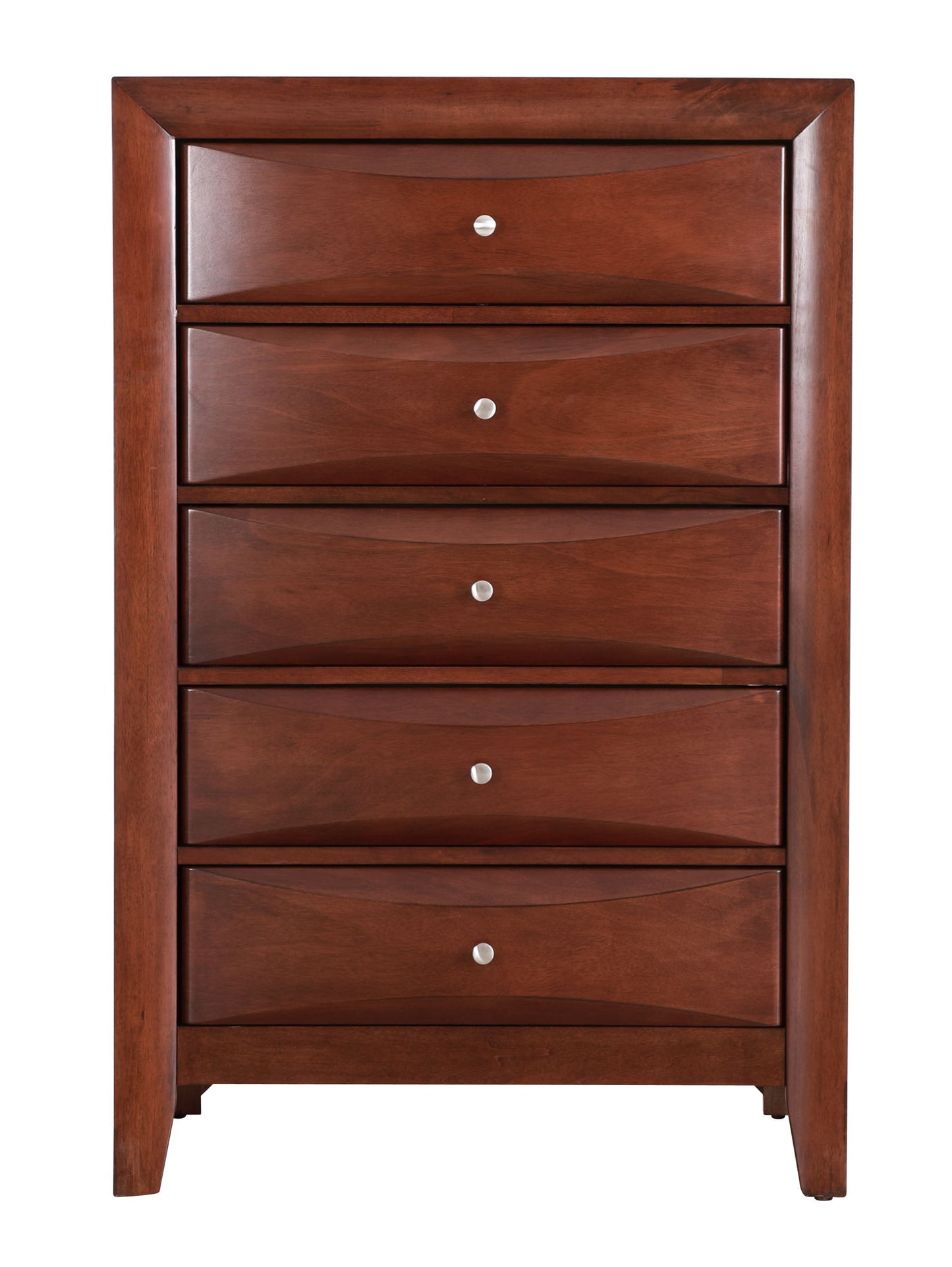 The Marilla - Chest is a tall wooden dresser in dark brown, featuring five drawers with centered round silver knobs and subtly curved drawer fronts.