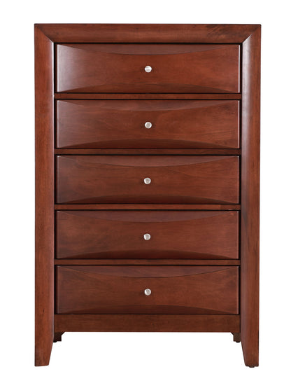 The Marilla - Chest is a tall wooden dresser in dark brown, featuring five drawers with centered round silver knobs and subtly curved drawer fronts.