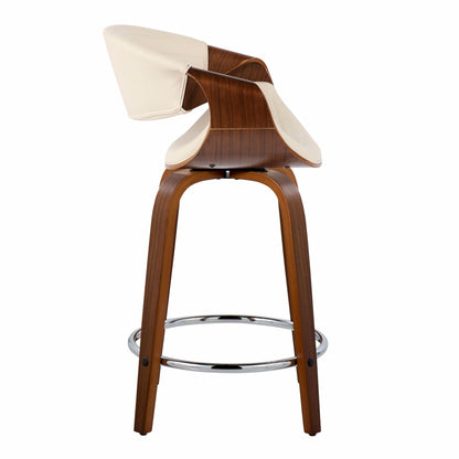 The Symphony Mid-Century Modern Counter Stool set features curved walnut legs, a cream padded seat and back, swivel functionality, and a round metal footrest, all in a sleek, contemporary design.