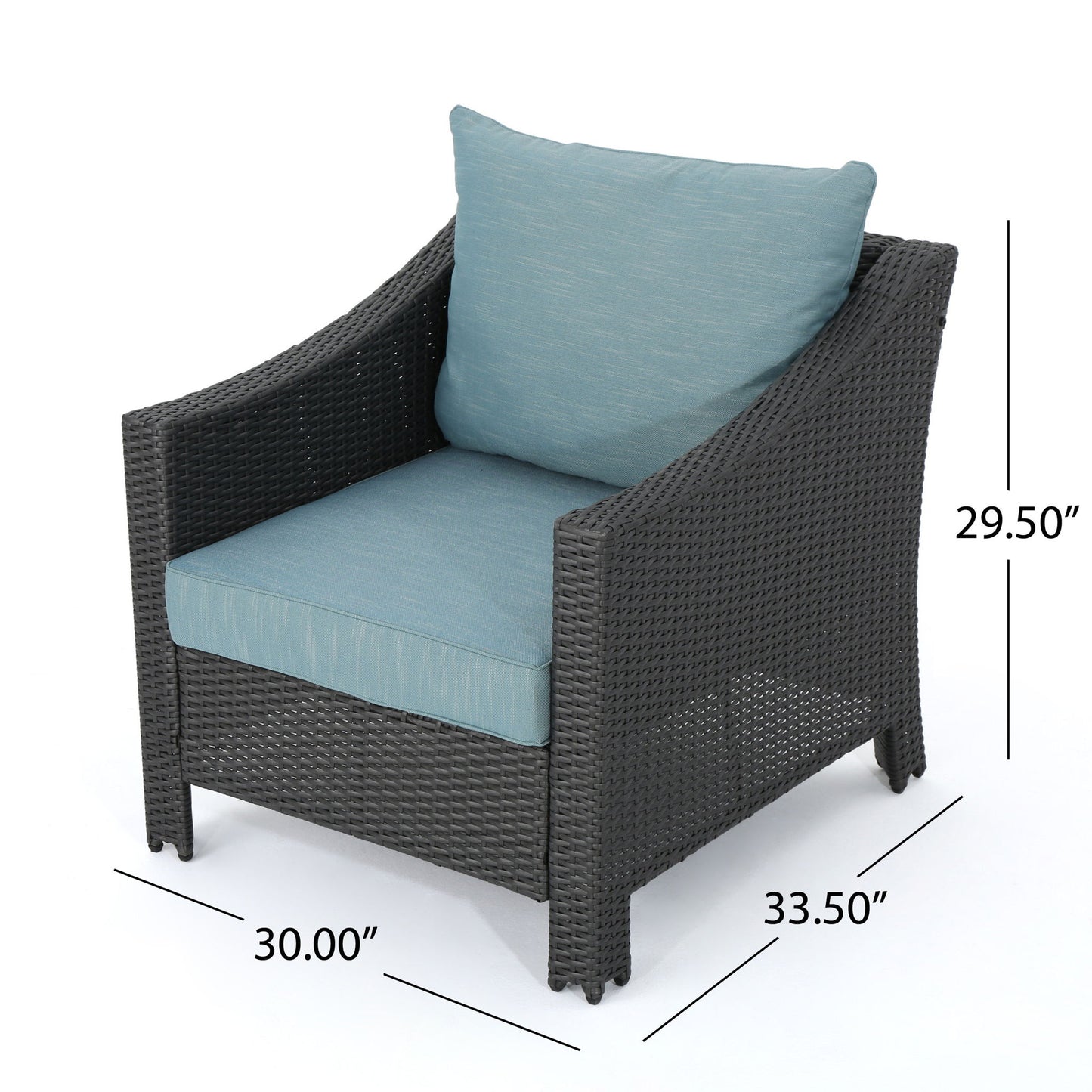 The Antibes Armchair features a dark wicker frame and blue water-resistant seat and back cushions. Dimensions: 30"W x 33.5"D x 29.5"H.