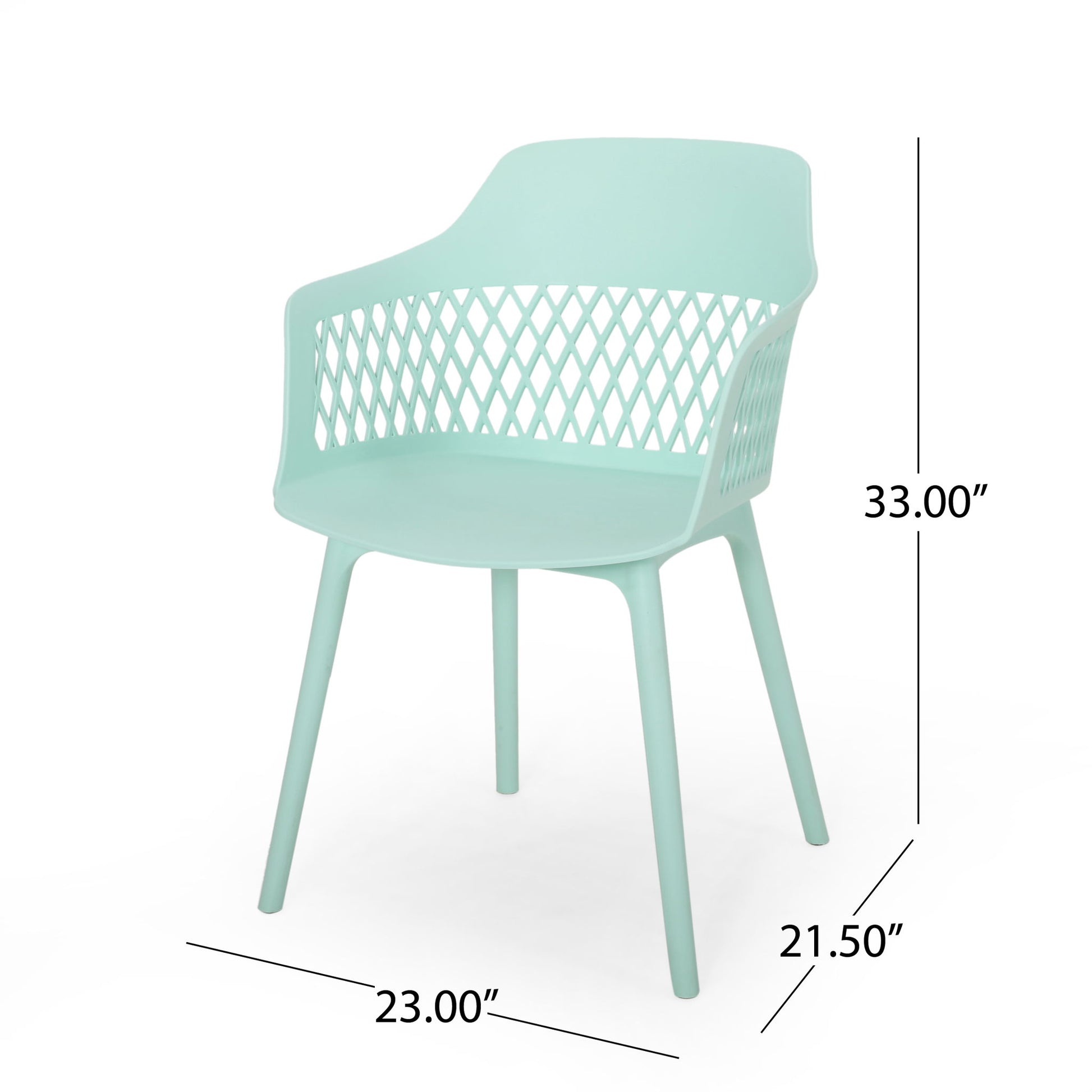 The Azalea Chair (Set of 2) features a light blue finish, a diamond-patterned open back, armrests, and measures 33"H x 23"W x 21.5"D.