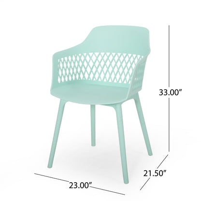 The Azalea Chair (Set of 2) features a light blue finish, a diamond-patterned open back, armrests, and measures 33"H x 23"W x 21.5"D.