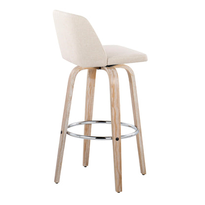 The Toriano Contemporary Fixed Height Barstool (Set of 2) features a light beige upholstered seat and backrest, curved light wood legs, and a round chrome footrest, shown angled against a white background.