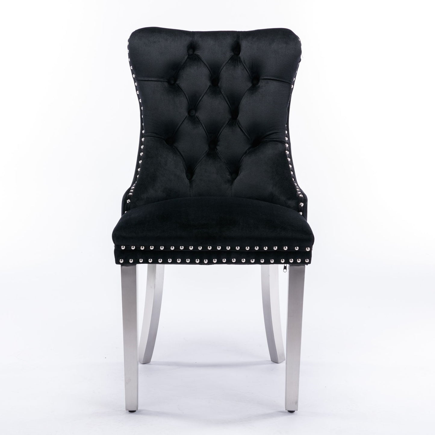 The Nikki chair set features modern, high-end tufted velvet upholstery, a high curved back, nailhead trim, and plush seating. Supported by solid wood legs with chrome stainless steel plating for a contemporary look.