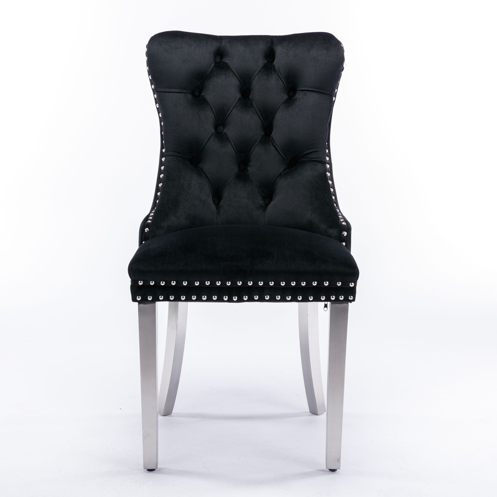 The Nikki chair set features modern, high-end tufted velvet upholstery, a high curved back, nailhead trim, and plush seating. Supported by solid wood legs with chrome stainless steel plating for a contemporary look.