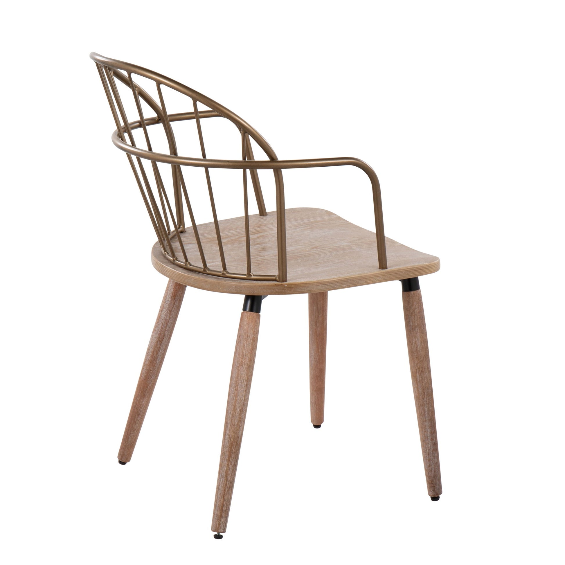 The Riley - Farmhouse Office Chair features a modern wooden frame with four angled legs, a curved seat, and a rounded metal backrest with vertical bars, shown from a rear-side perspective.