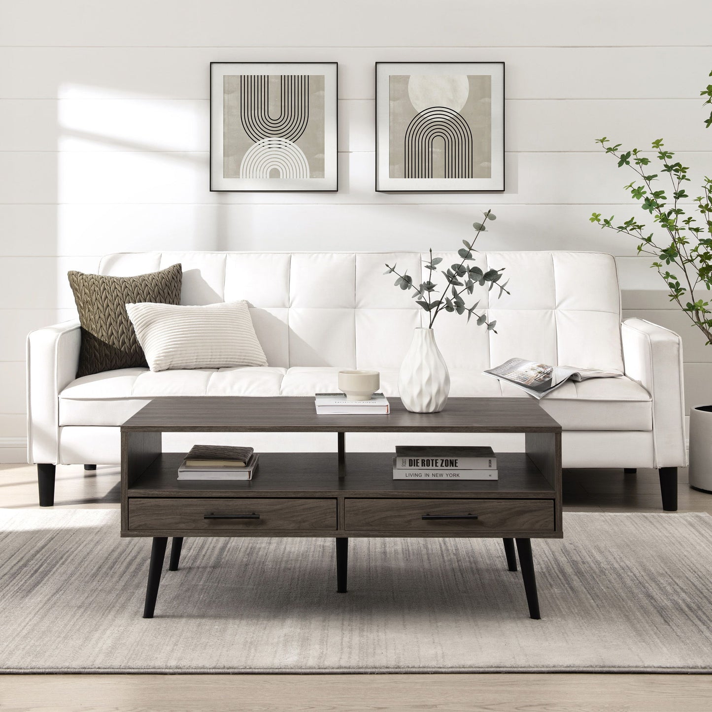 A modern living room featuring a white sofa, patterned pillows, a Contemporary 2 Drawer Low Coffee Table, a white vase with green branches, and two abstract black-and-white art prints on the wall above.